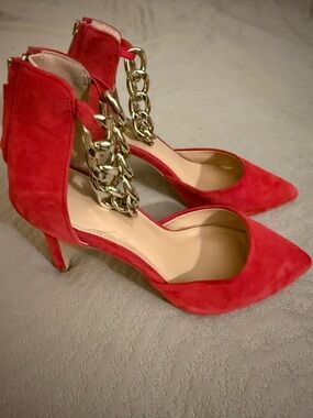 BCBGMaxAzria Red Suede Pointed-Toe Heels with Gold Chain Detail